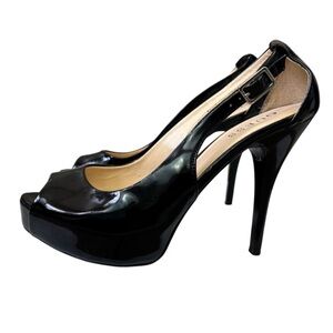 Guess Black Patent Leather Peep-Toe Slingback Platform Pumps